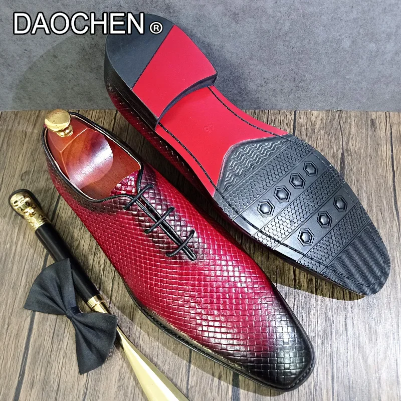 LUXURY MEN LEATHER SHOES RED BLACK LACE UP POINTED WEAVE PRINT CASUAL DRESS MAN SHOE WEDDING OFFICE OXFORD SHOES FOR MEN image 4