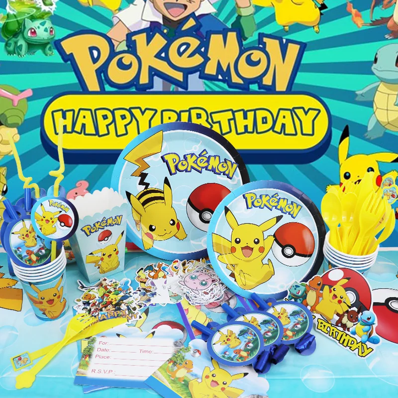 Decoración de fiesta de cumpleaños de Pokémon, globo de Pikachu relámpago para niños, suministros de eventos, vajilla desechable, pancarta de fondo