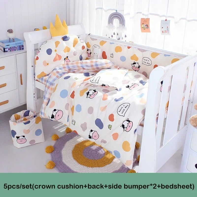 5pcs Baby Crib Bumper Bed Linen Kit Cotton Baby Bedding Set Include Crown Cushion+3pcs Cot Protect bumpers+Bed Sheet ZT116