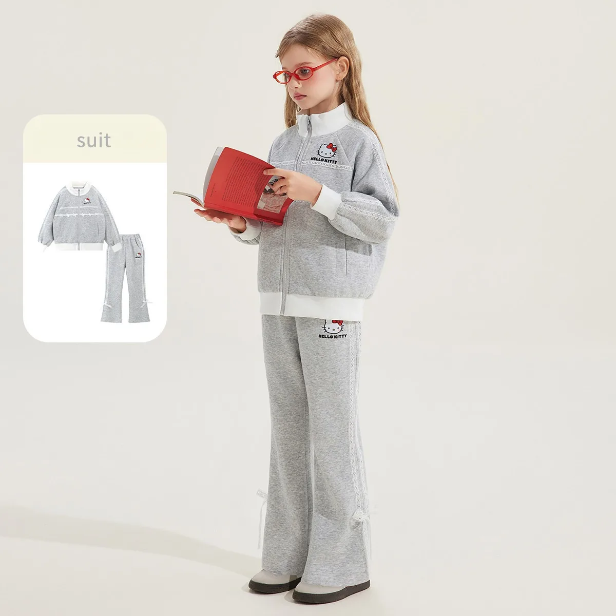 

【Officially Licensed】Hello Kitty Autumn Gray Casual Set New Style with Delicate Lace Trim Casual Two-Piece Set Suitable for Casu