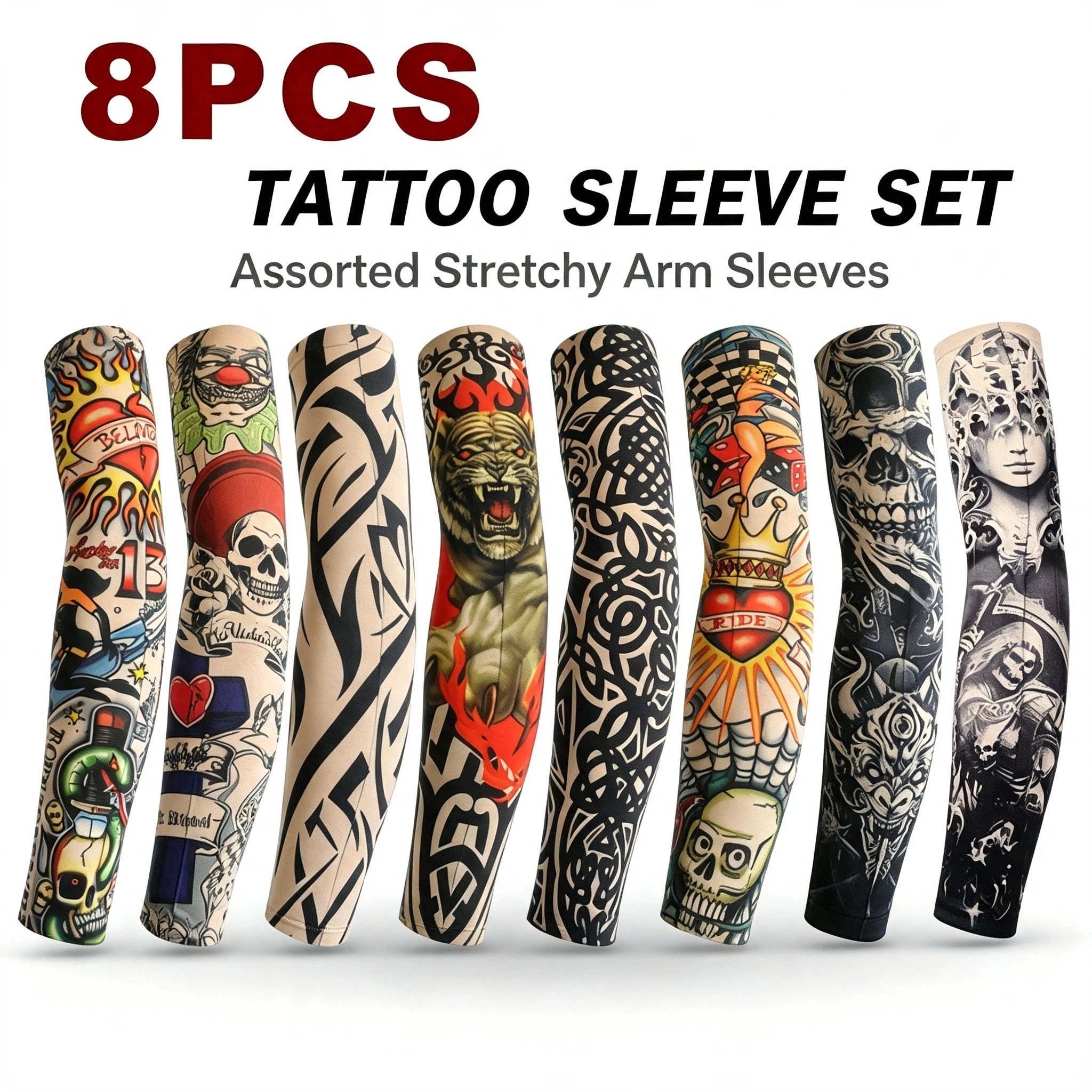 8Pcs Tattoo Sleeves Unisex Tattoo printed sleeves Sun Protection Arm Covers Breathable Elastic Sleeves Street Style For Outdoor