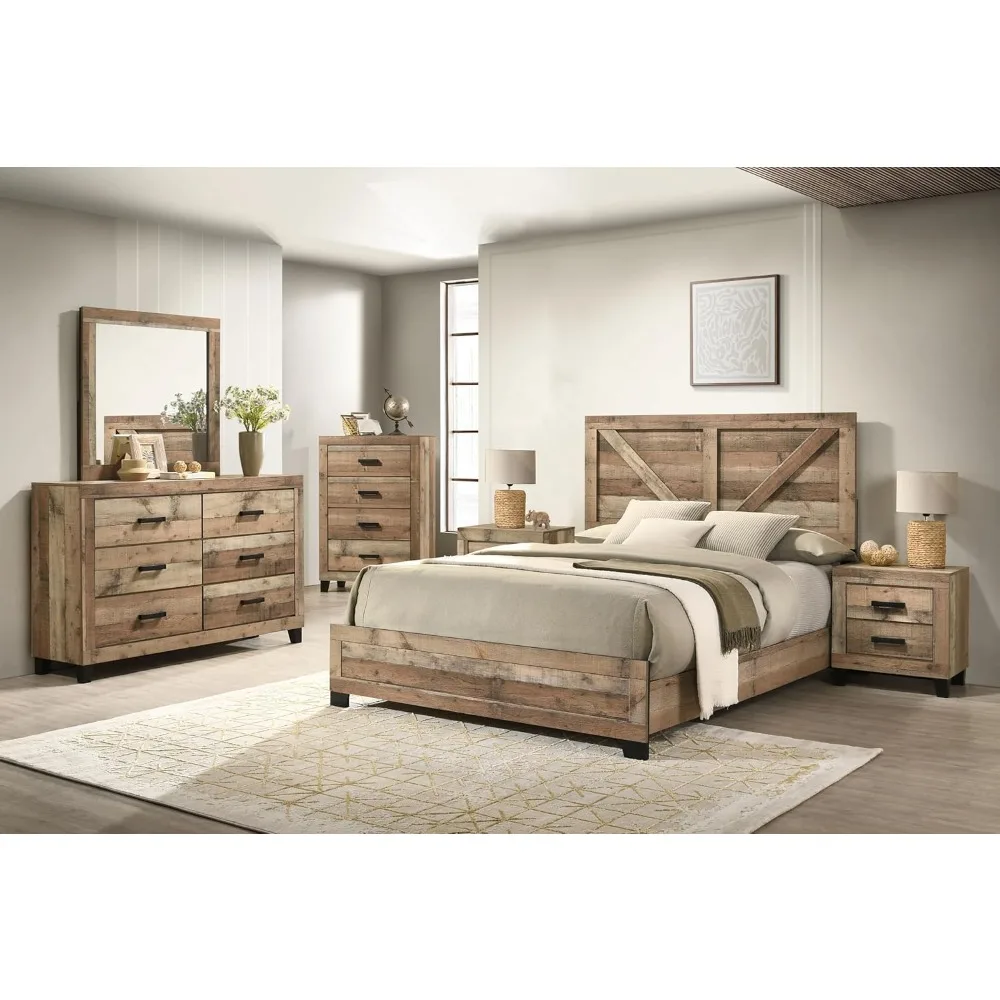 

Queen-Sized Antique Natural Wood Bedroom Suite with Bed, Dresser, Mirror, Chest, and Two Nightstands