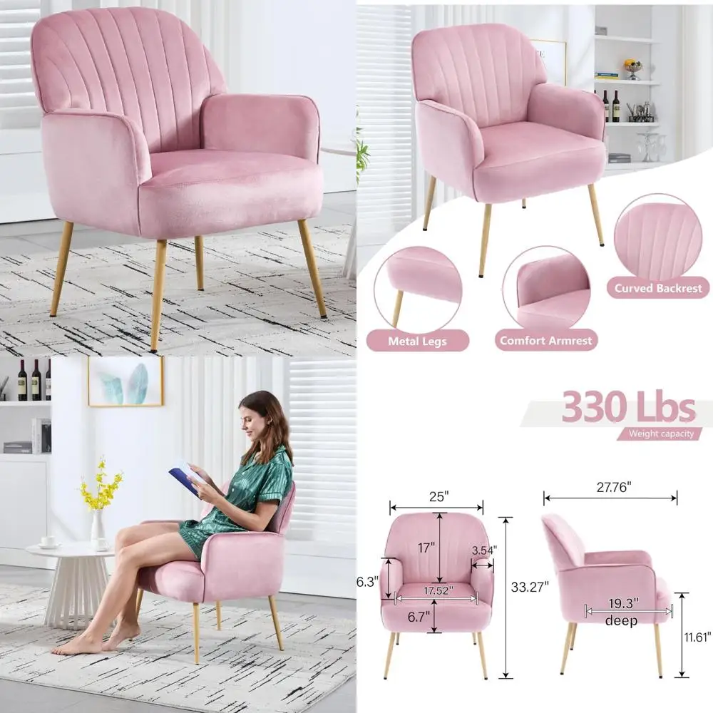 Modern Velvet Accent Chair - Comfortable Barrel-Shaped Reading Sofa with Metal Legs for Living Room