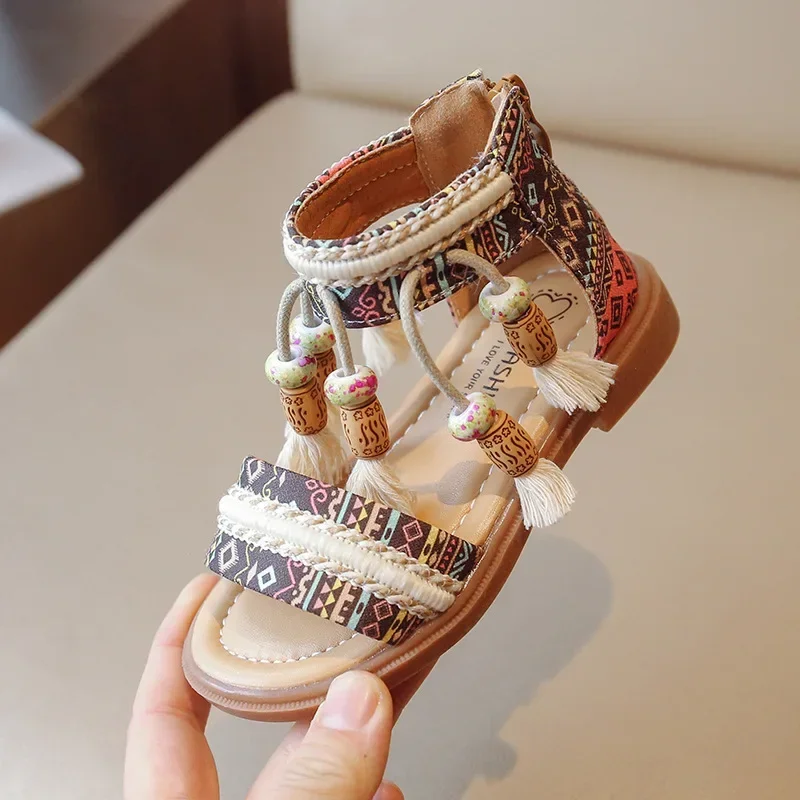 Ethnic Retro Children Fashion Casual Shoes Tassels 2023 Back Zipper Summer New Breathable Girls Sandals Kids Pattern