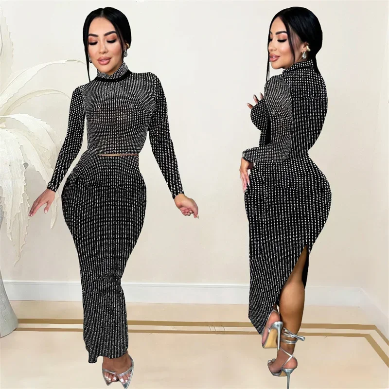 Women Hot Drilling Party 2 Piece Sets High Neck Long Sleeve Skinny Mesh Top High Waist Split Long Skirts Sexy Rhinestone Outfits