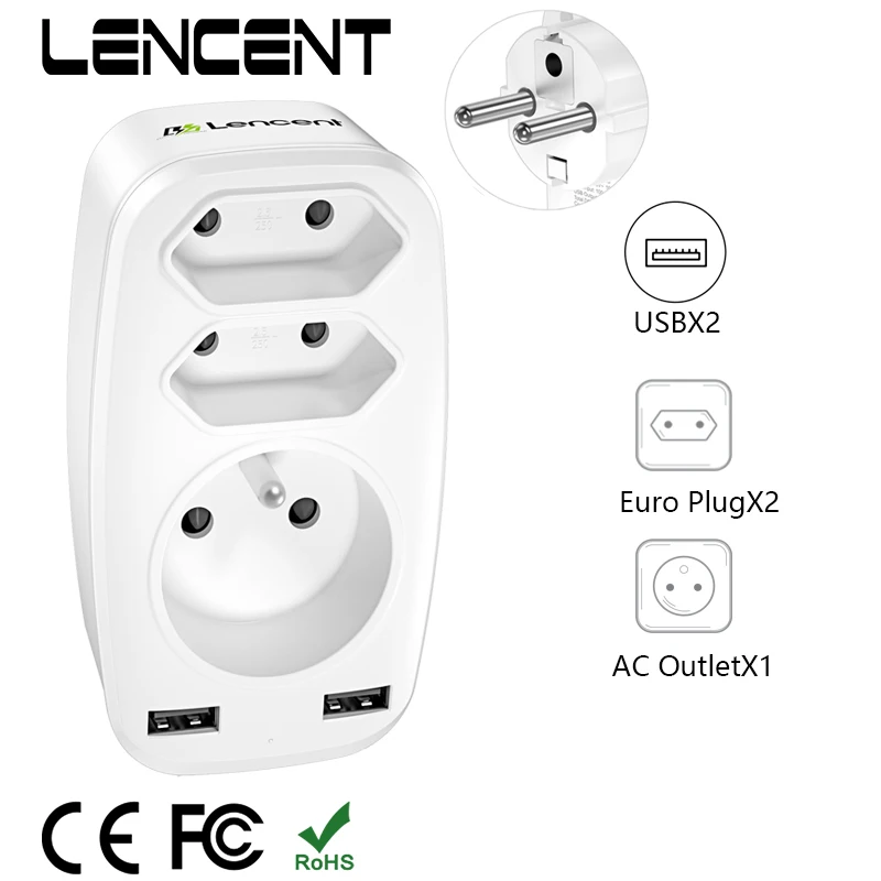 LENCENT Multi USB Power Socket 5 in 1 Power Strip USB Charger with 1 AC 16A Output 4000W 2 Euro Plug and 2 USB Ports for Home