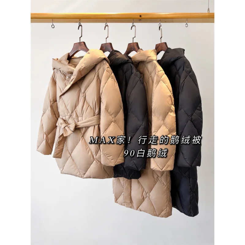 YR018~Welfare~90White Goose Down Lace-up Cinched Hoodie Mid-Length Large Quilt Thickened Short Style down Jacket Winter