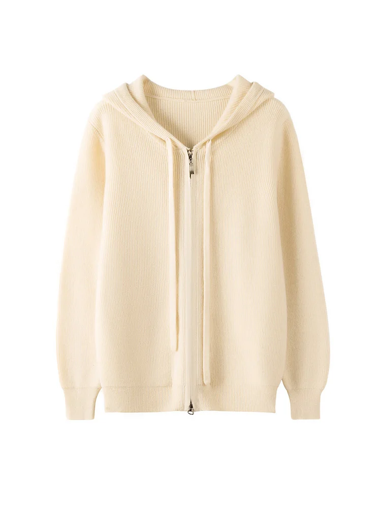 Autumn Winter Women's Wool Sweater Drawstring Zippers Hooded Cardigan Thick Cashmere Coat 100% Merino Wool Knitwear Clothing Top