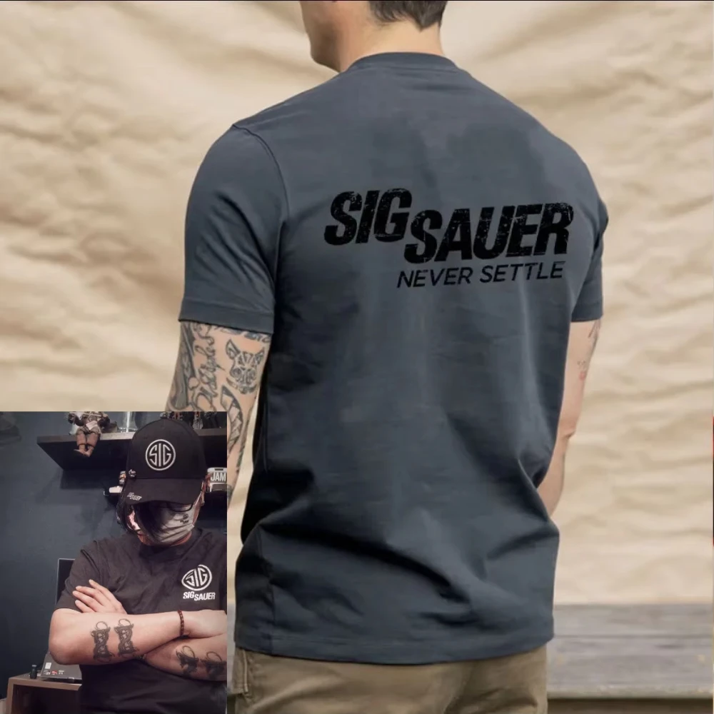 الصيف العصرية العلامة التجارية SIG طاقم الرقبة قصيرة الأكمام القطن تي شيرت الأمريكية فضفاض القطن الرجال رداء علوي غير رسمي العسكرية مروحة الرجل القوي المحملة #2