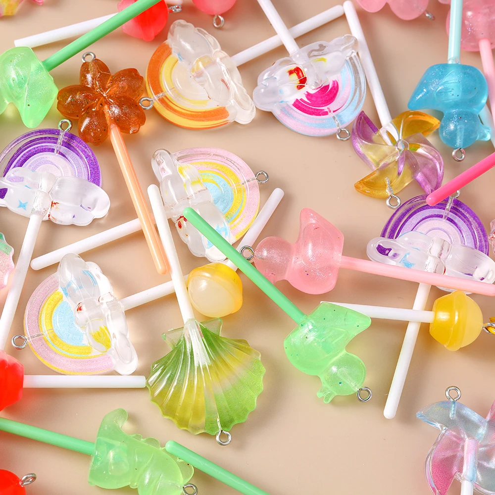 Leslie 10Pcs Sweet Candy Lollipop Charms for Dangle Earrings Kawaii Resin Candy Lollipop Pendants Jewelry Making Accessories