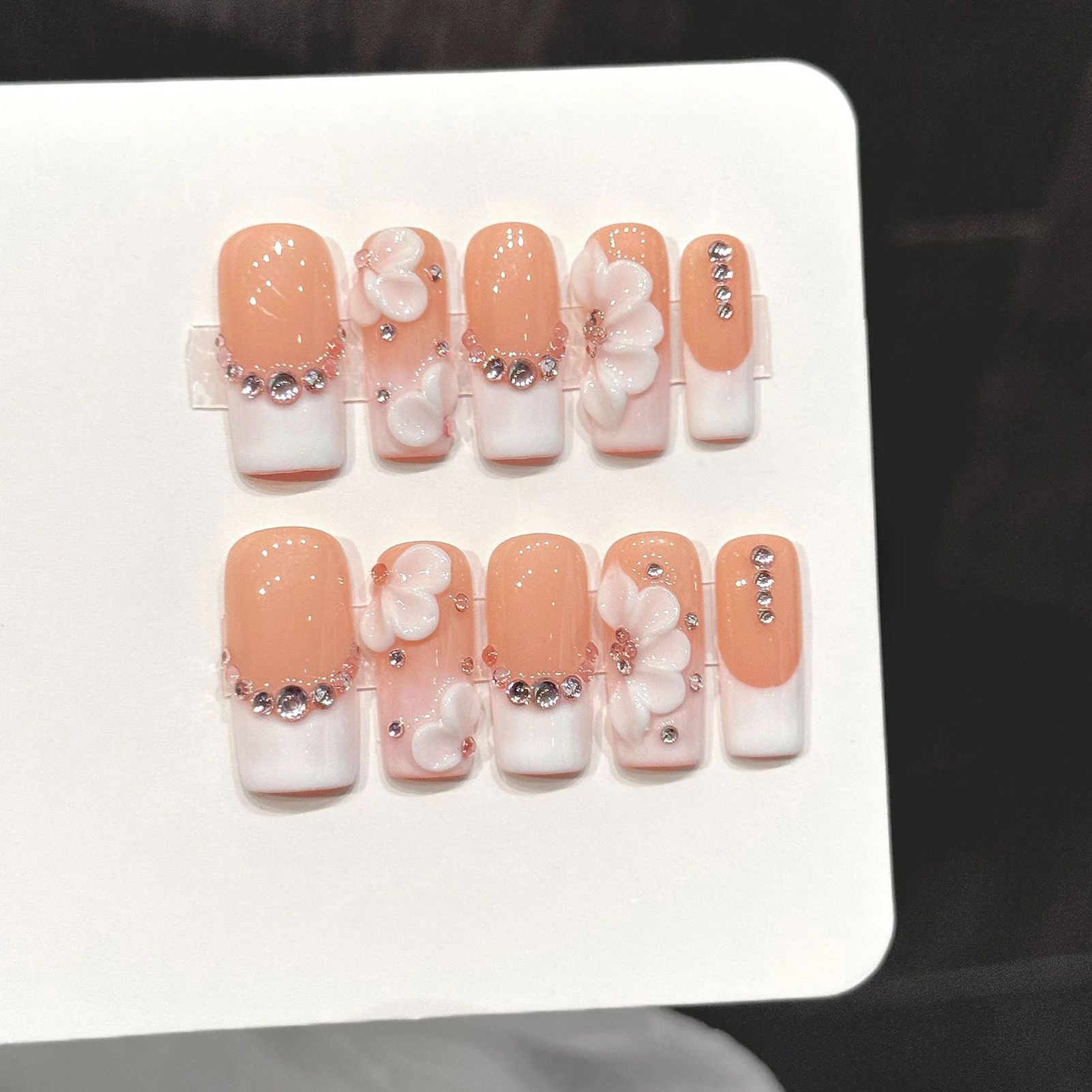 10pcs Long Square Handmade False Nails Ins 3D Caring Flower Flash Diamond Decor Press On Nails White French Style Fake Nail