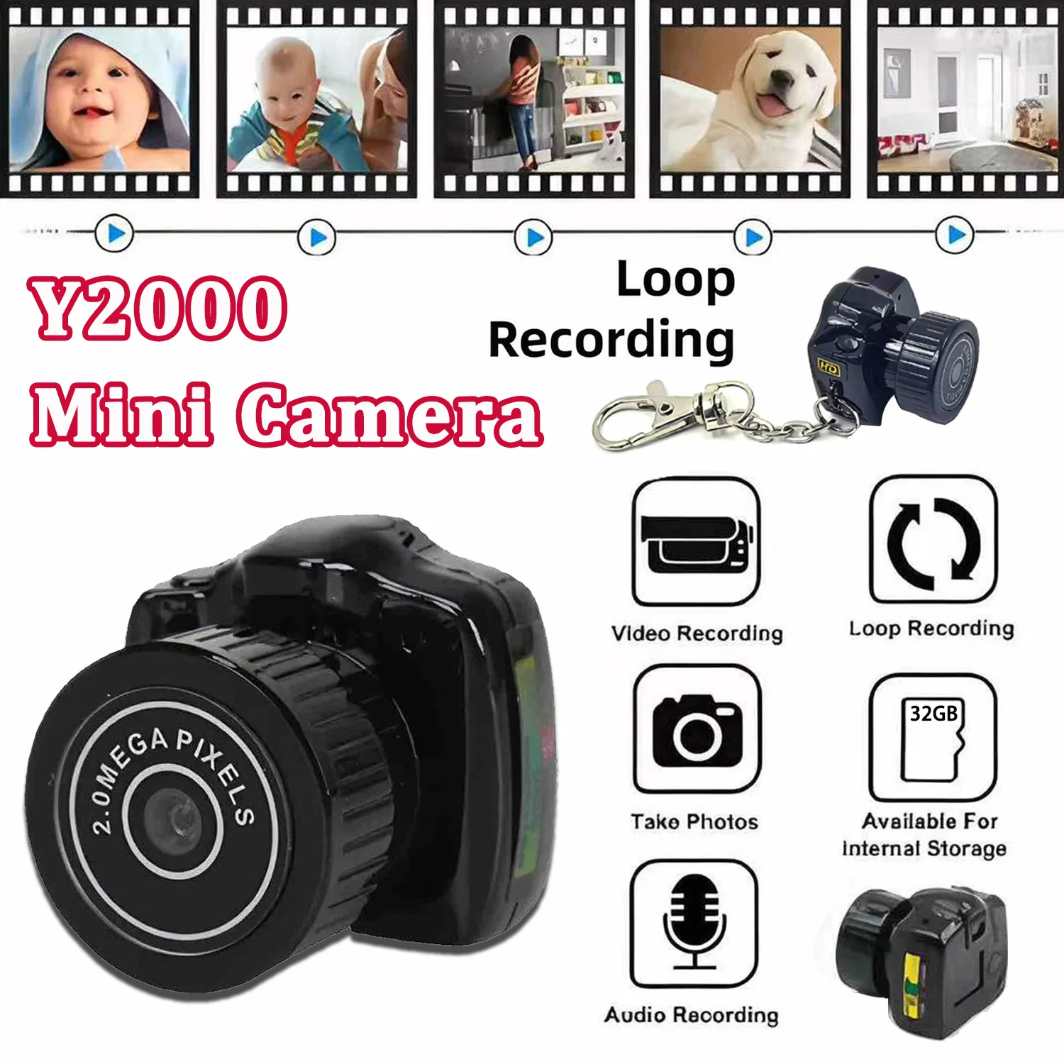 

Y2000 Mini Keychain Camera With Screen HD 720P Portable Retro kids Cam Ultra Compact Pocket DV Video Recorder With Flash Lamp