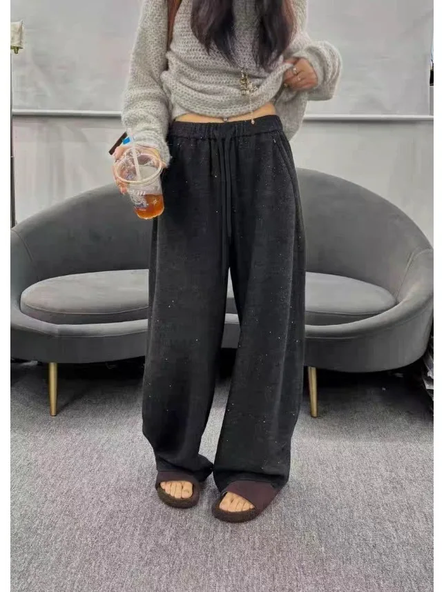 iny Fce Lined Wide Leg Floor Length Pants Casual Bright Sequin Autumn Winter Sle Comfortable Breathable Women's Trousers