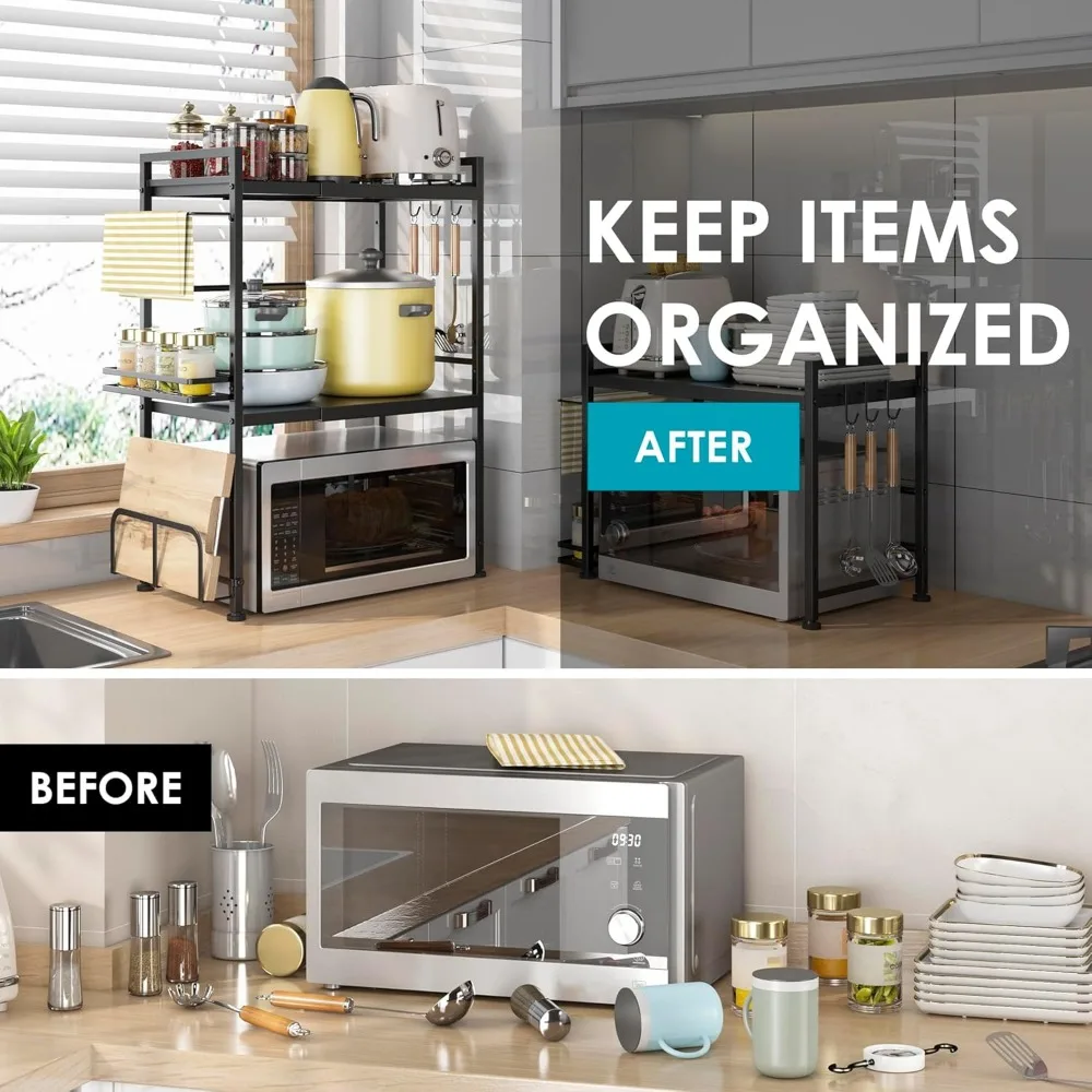 رف فرن ميكروويف قابل للتوسيع لتخزين سطح المطبخ، مادة فولاذية كربونية، مثالي لتنظيم أواني وأدوات المائدة #2