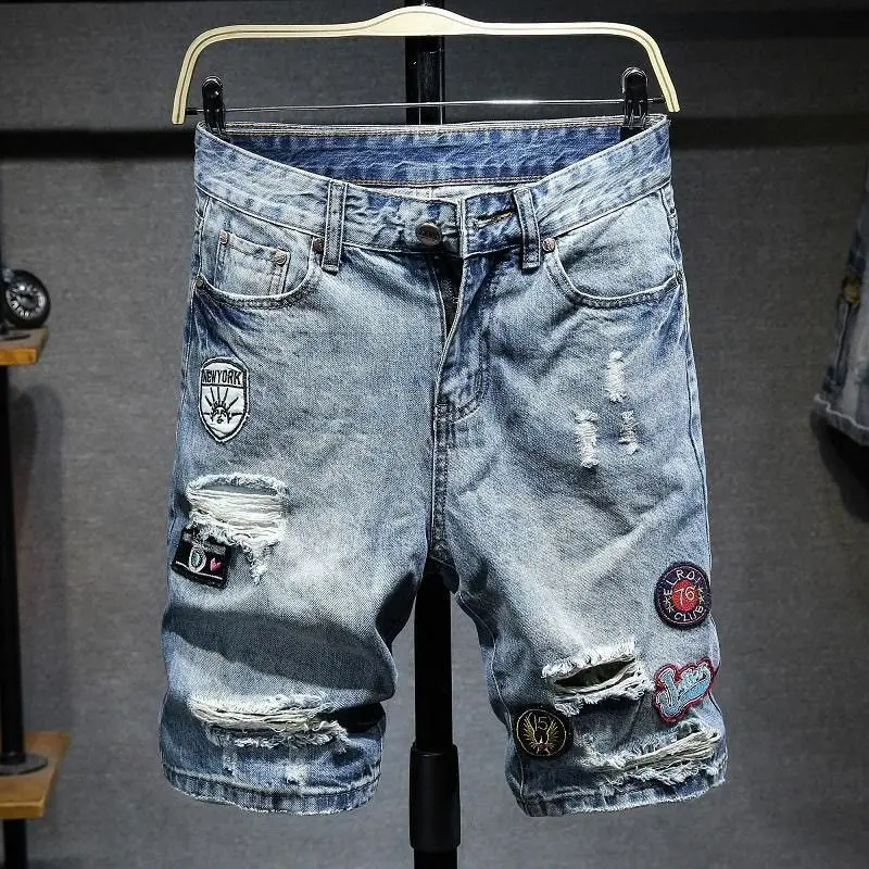 Denim Shorts Men's Summer Trendy Brand Embroidered Patch Loose Ripped Straight Short Medium Pants Student Luxury Man Short Pants