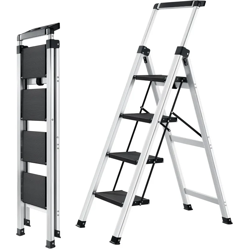 

4 Step Ladder, Aluminum Folding Stool with Retractable Handrails & Tool Tray, Anti-Slip, Sturdy Lightweight, 330lbs