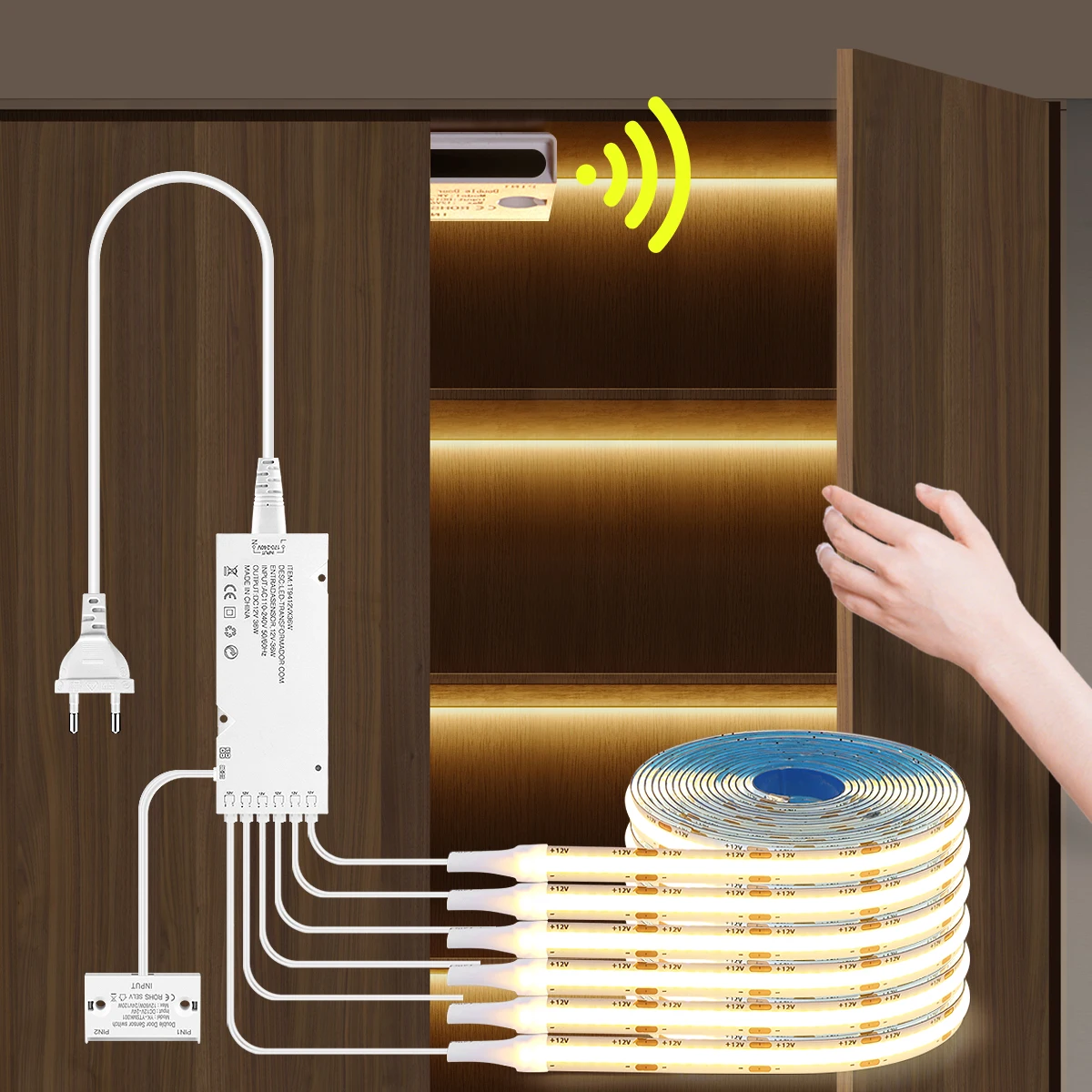 Smart Door Proximity Sensor Control 12V COB LED Strip Under Cabinet Lights Showcase Wardrobe Lamp Backlight For Room Kitchen