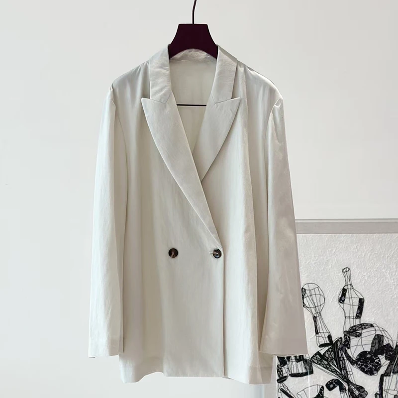 

Women's Double-Breasted Loose-Fit Lightweight Blazer + Elastic Waist Straight-Leg Pants Jacket and Wide-Leg Pants Set 2025 New