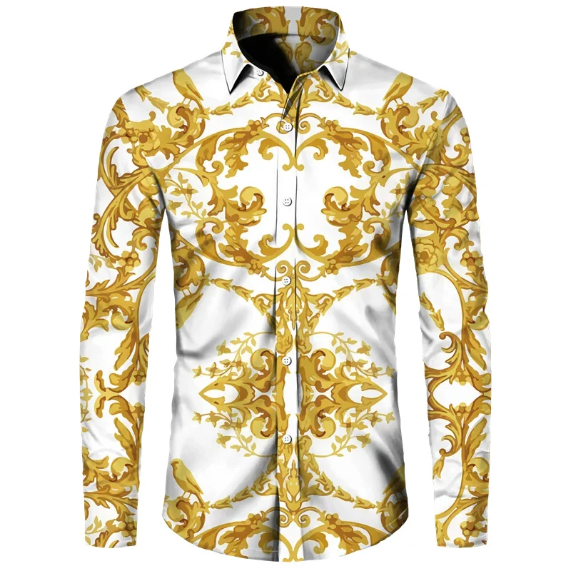 2024 Men's Gold Printed Long Sleeve Shirt Men's Casual All-match Fashion Street Men's Shirt Lapel Single-breasted Long Sleeve