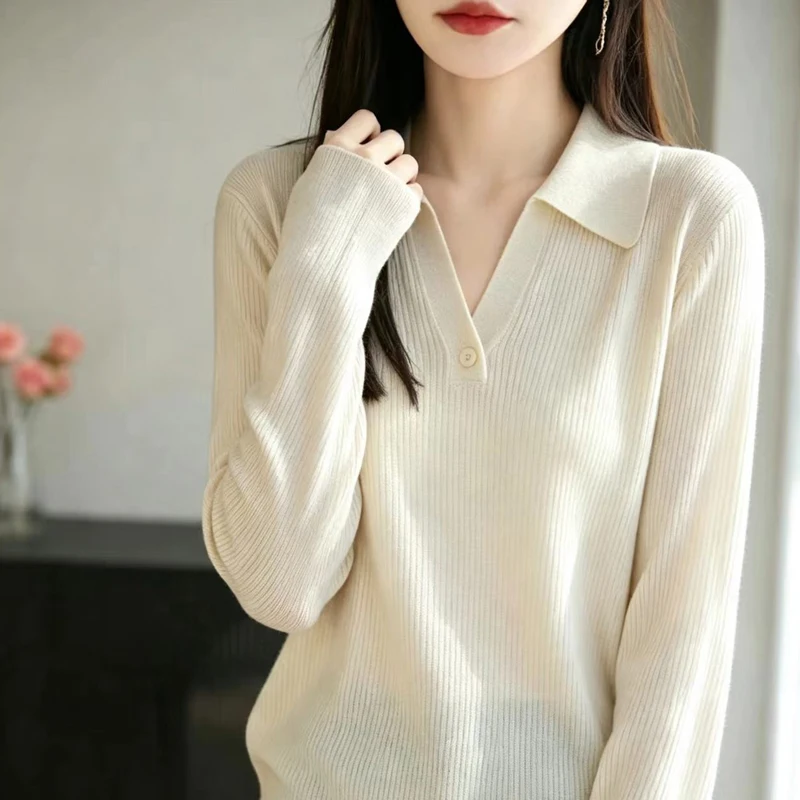 POLO collar long sleeved knitted sweater for spring and autumn seasons, knitted slim fit temperament tone sweater top