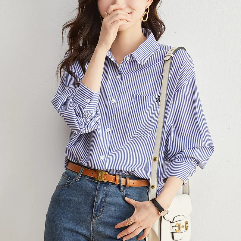 Azul listrado feminino longo sve algodão irt commute sle solto ajuste puro algodão design simples outono faion nova chegada