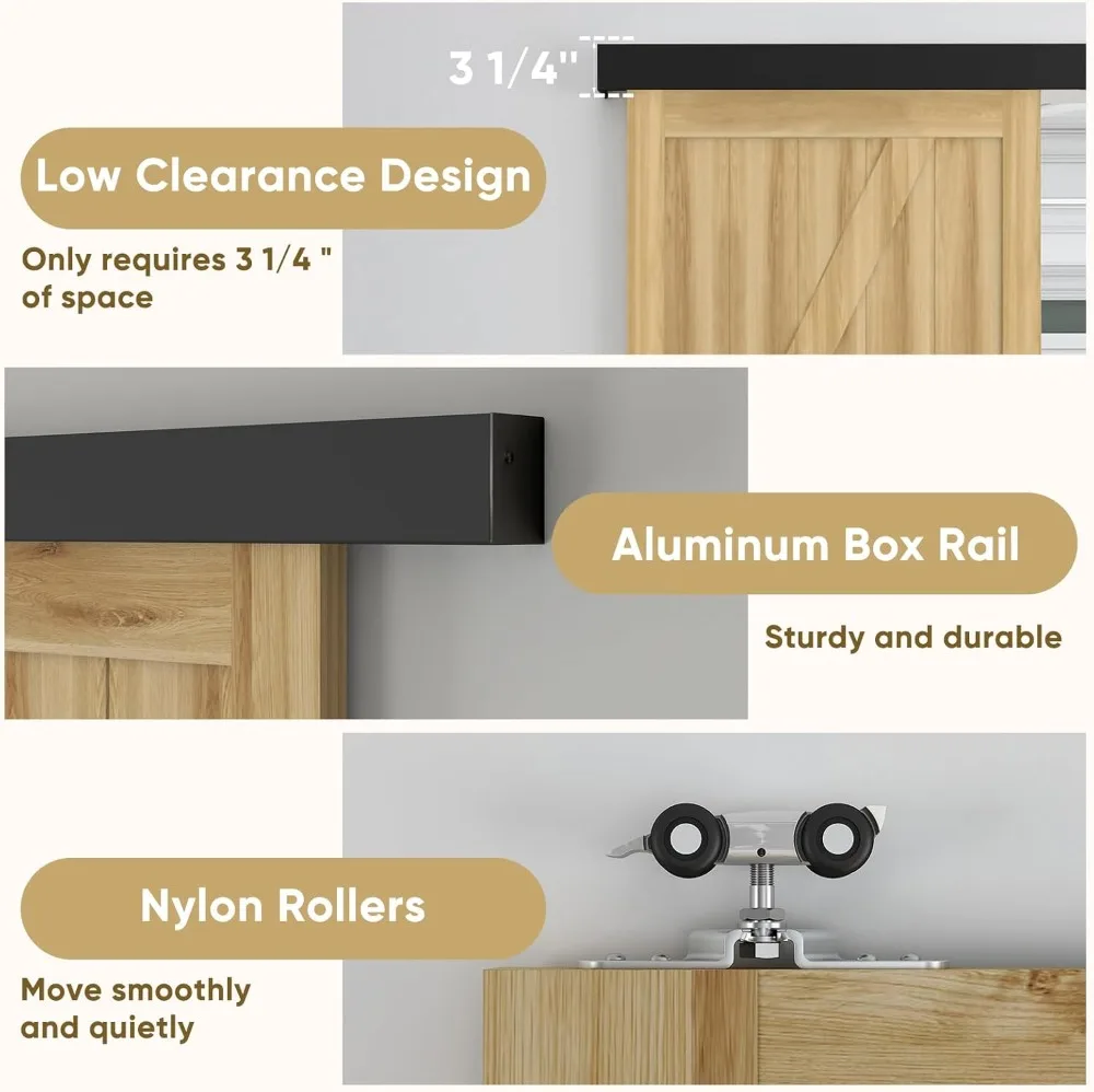 6FT Sliding Barn Door Hardware Track Kit with Door Handles Included, Low Clearance Aluminium Alloy Box Rail Barn Door Track