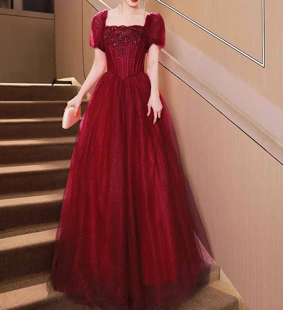 Dark Red Evening Dresses Long Prom Gowns Scoop Short Sleeves Exposed Boning Sequined Tulle Applique with Beads