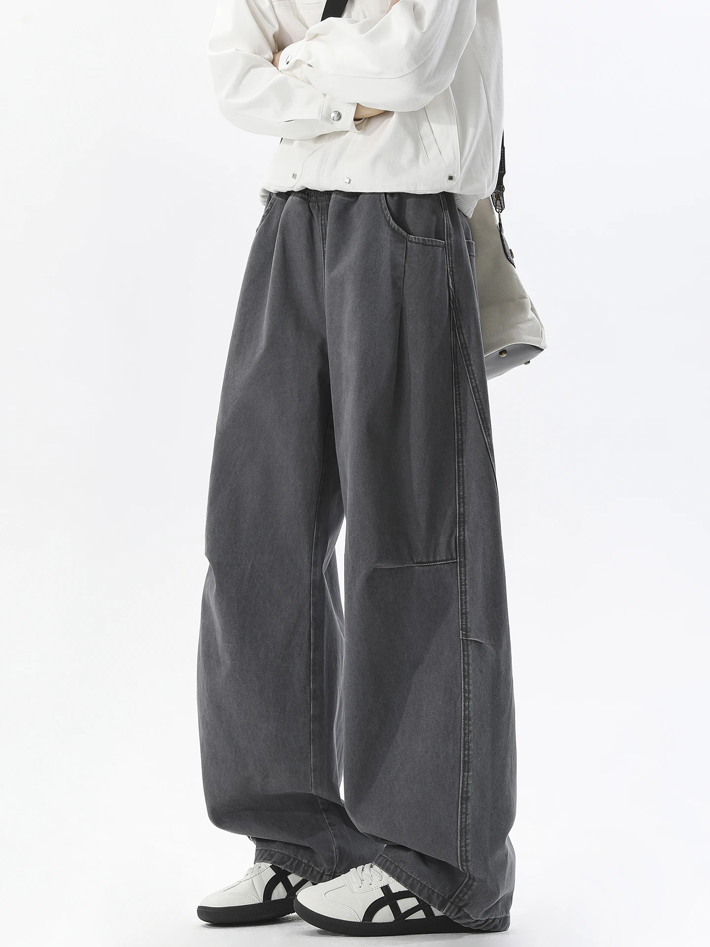 

Boyue Men's Casual Cotton Dstring Pleated Wide Leg Jeans Retro Street Sle Pure Color Loose Fit Youth Faion