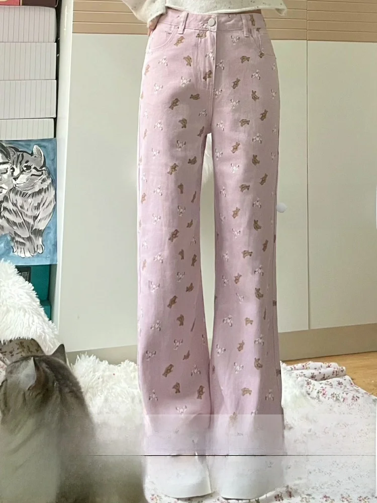 Dopne Girl Pink Bear Print High Waist Wide Leg Jeans Women's Autumn Winter Loose Fit Bootcut Pants Retro Sle Denim