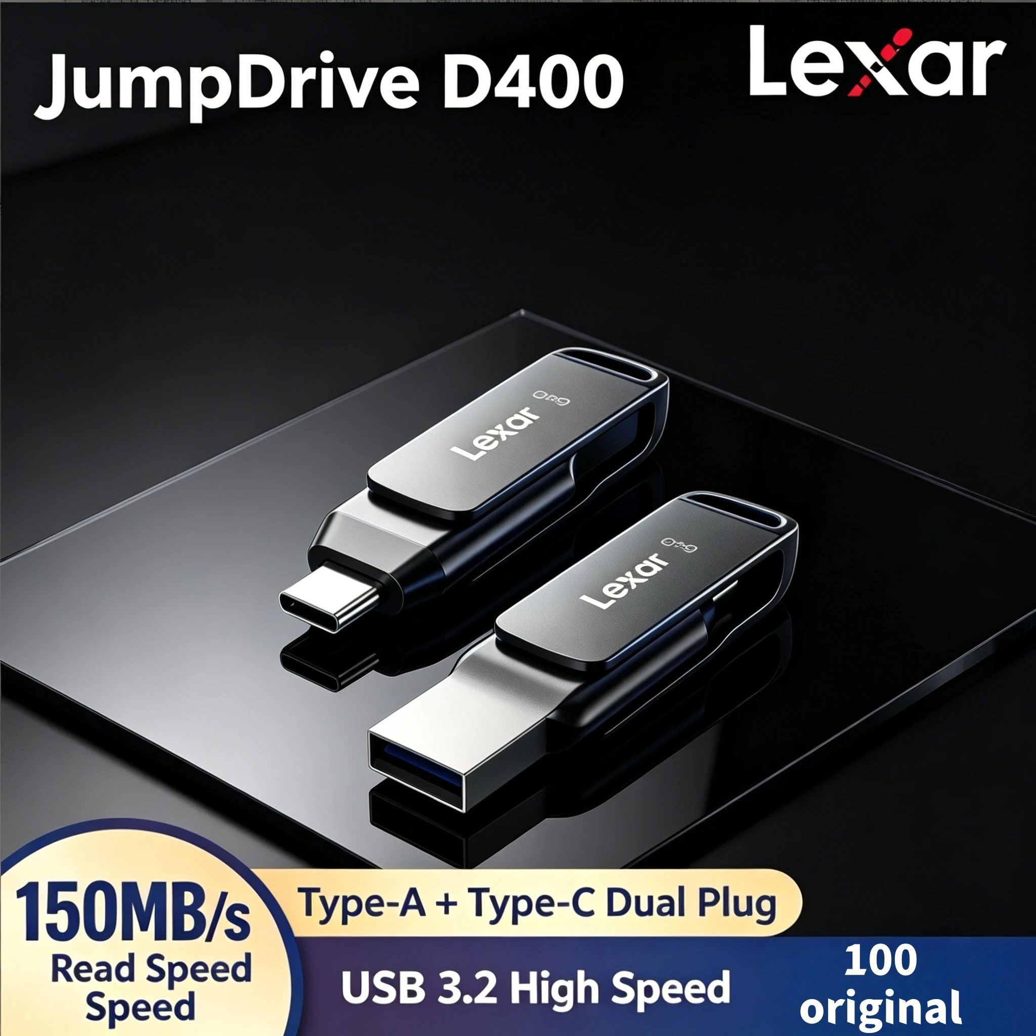 Lexar D400 Dual USB Flash Drive USB C USB A Connector 3.2 Speed Compatible iPhone 15 PC Mac 360 Rotating Cap Fast Transfer Pro