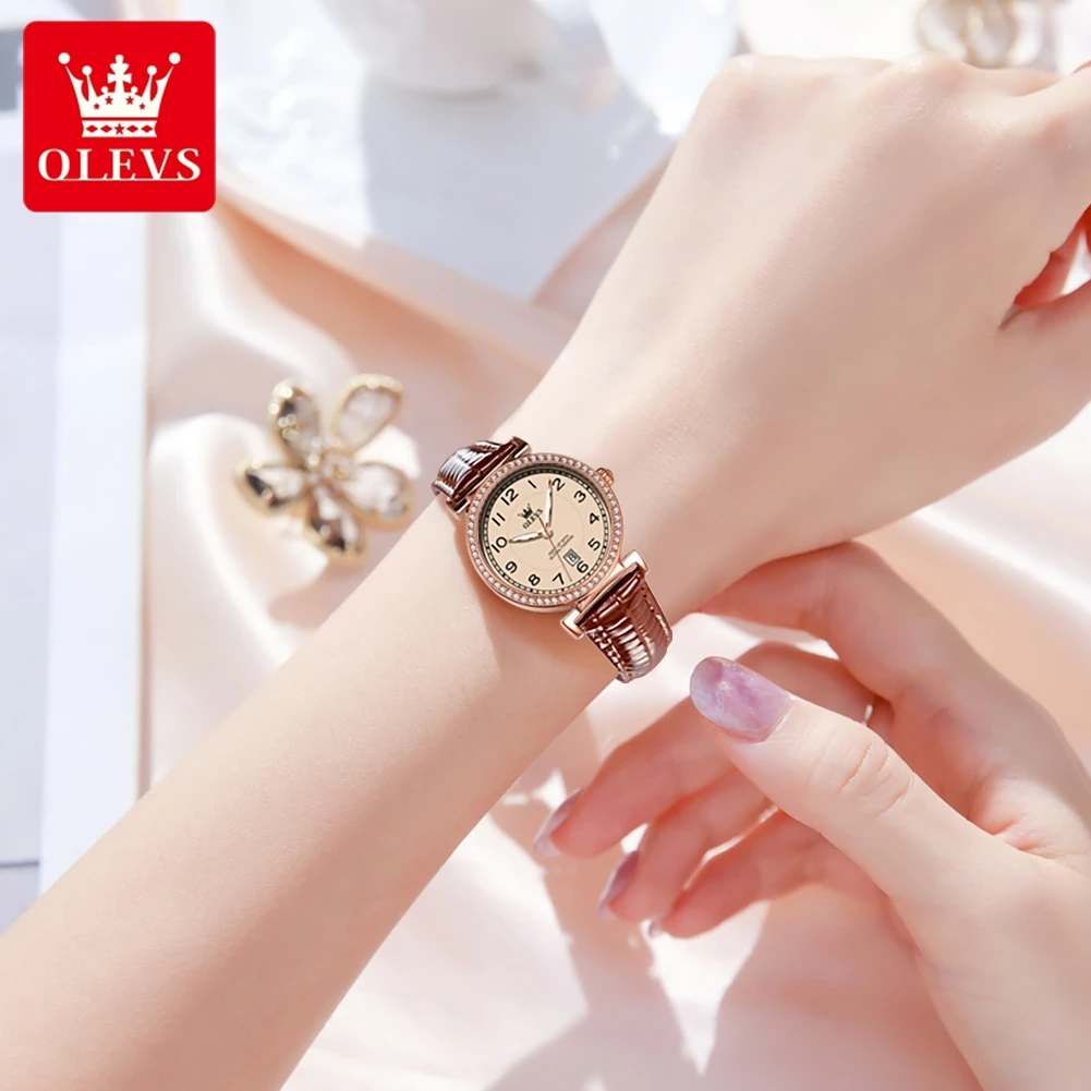 OLEVS 5590 Retro Quartz Watch for Women Comfortable Leather Strap Digital Dial Calendar Luminous Simple Minimalist Women\'s Watch