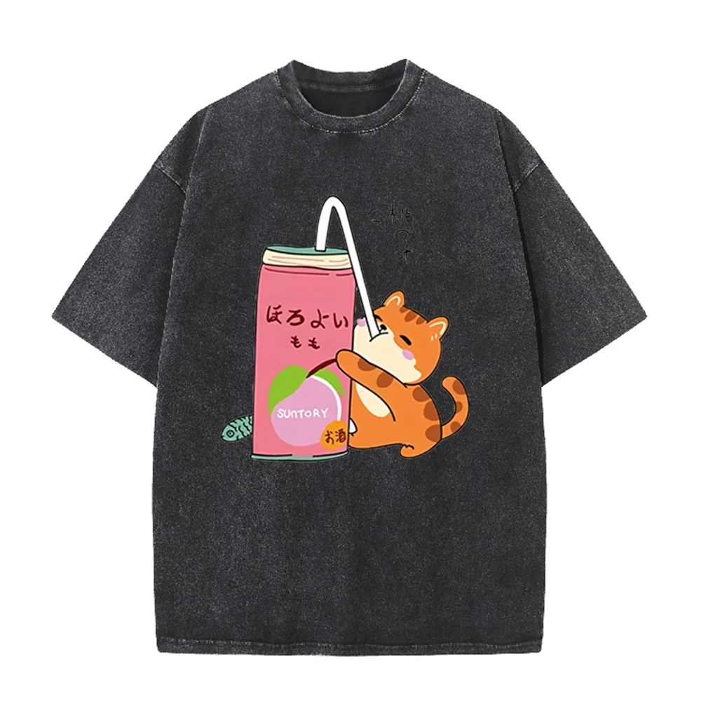 2026 Vintage Washed Black Cartoon Cat Peach Drink Graphic T Shirt Japanese Style Cute Animal Oversized Casual Short Sleeve Tee