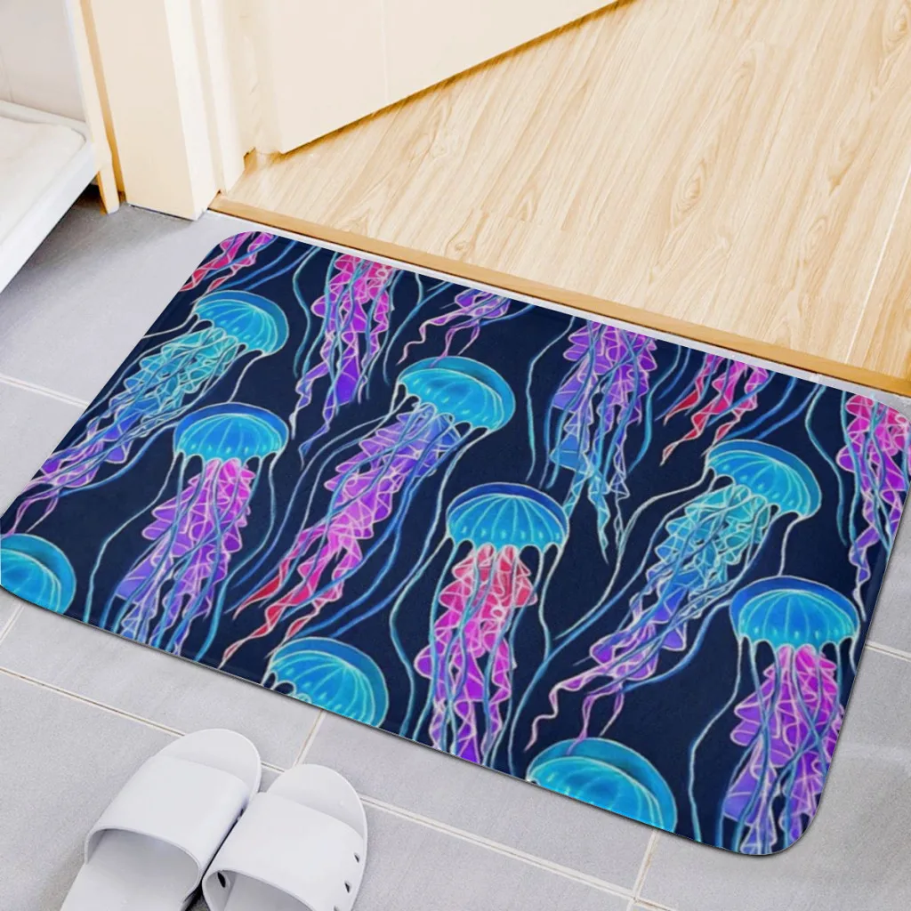 Carpet Luminescent Rainbow Jellyfish on Navy Blue Mat Retro Multiple Choice Living Room Kitchen Non-Slip Alfombra