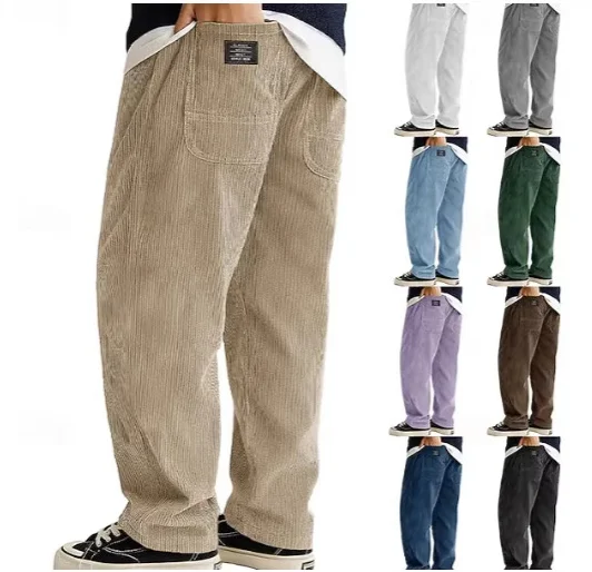 Men Casual Pants Corduroy Trousers Loose Fit Vintage Baggy Pants Straight Sweatpants Elastic Waist Drawstring Outdoor Streetwear