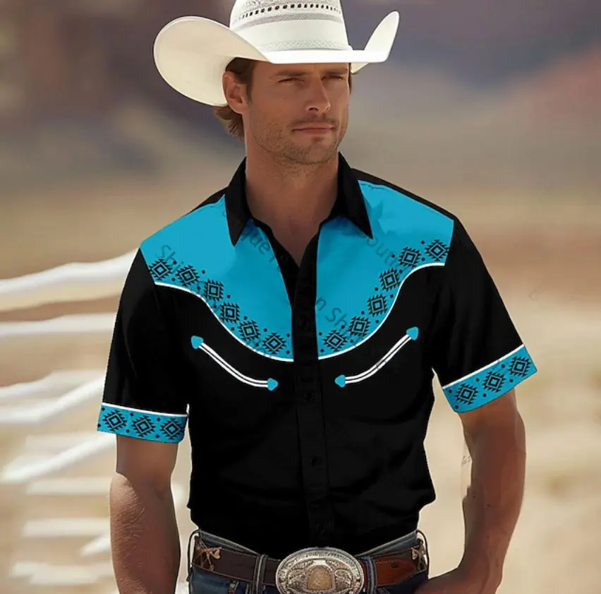 Men\'s Shirt Western Cowboy Style Tribal Summer Shirt Short Sleeve Lapel Shirt Large Size XS-6XL Fast Shipping