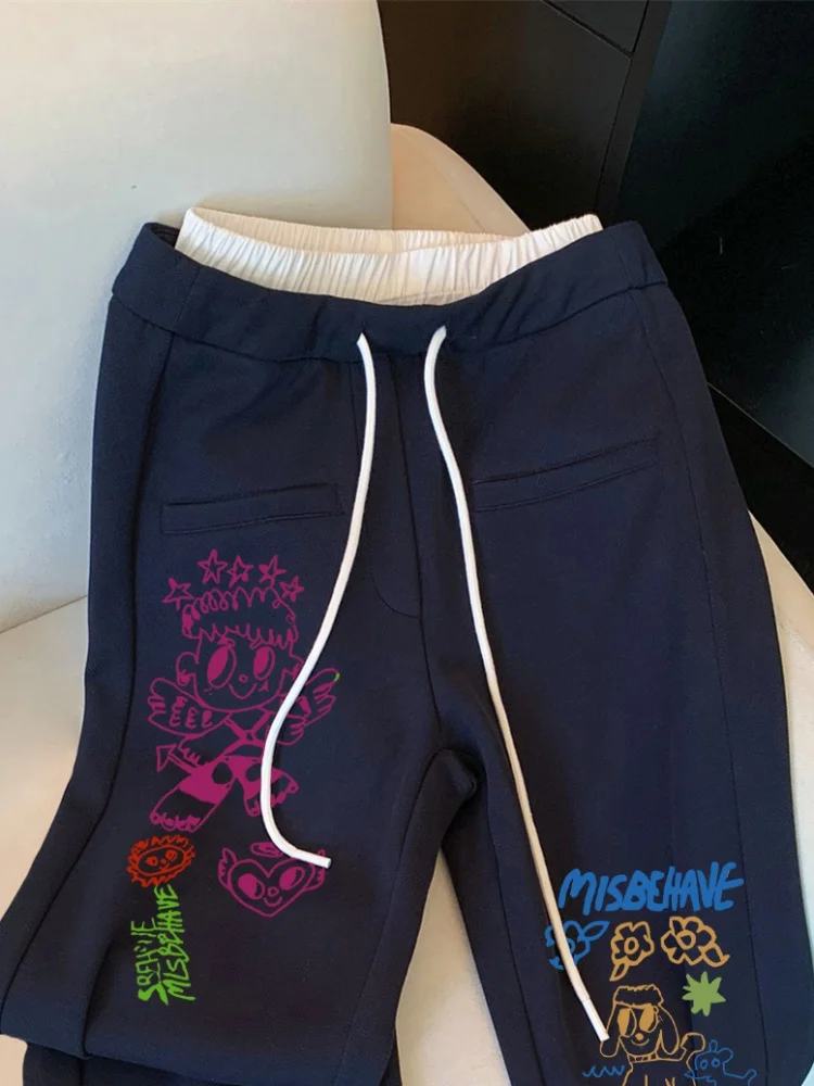 Ele Retro Print Patchwork Double Waist Casual Pants Straight Leg for Men And Women Spring Autumn American Sle Versatile