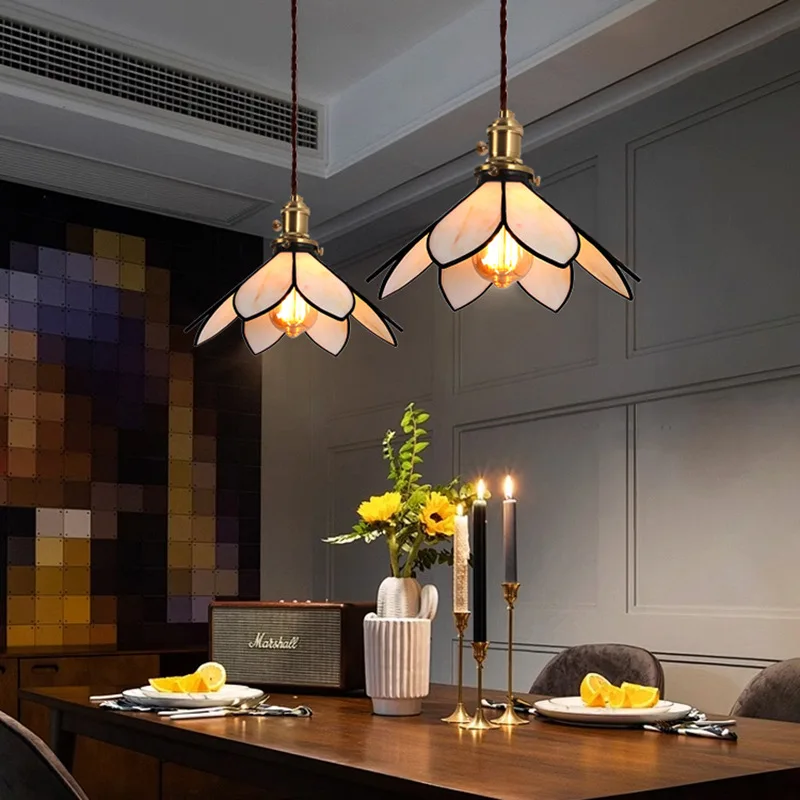 Lotus Glass Pendant Light, Antique Art Interior Decoration Lighting Fixtures for Bedroom Parlor Dining Room Homestay Entrance