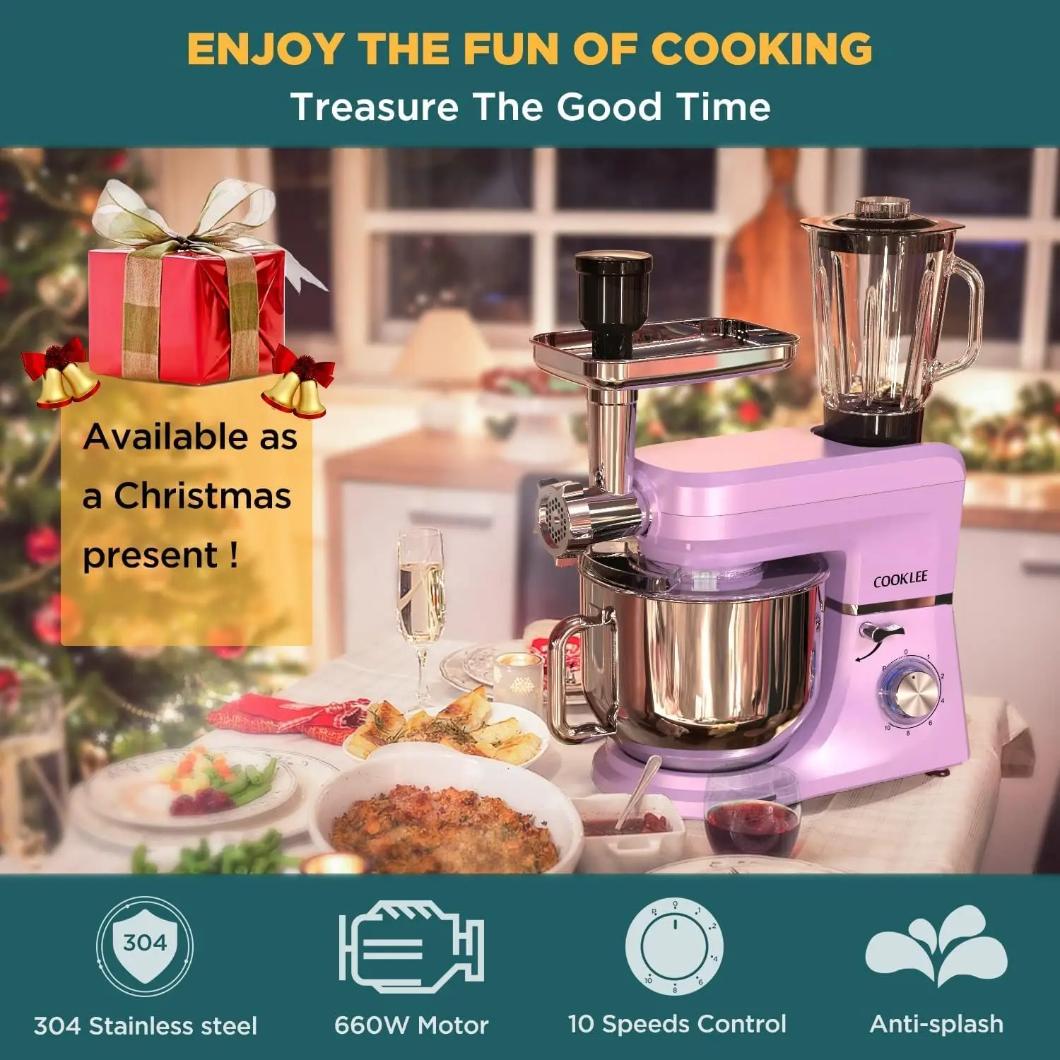 Cooklee 6-in-1 Stand Mixer, 8.5 qt. เครื่องผสมอาหารไฟฟ้าอเนกประสงค์พร้อมอุปกรณ์เสริม9ชิ้นสำหรับพ่อครัวส่วนใหญ่