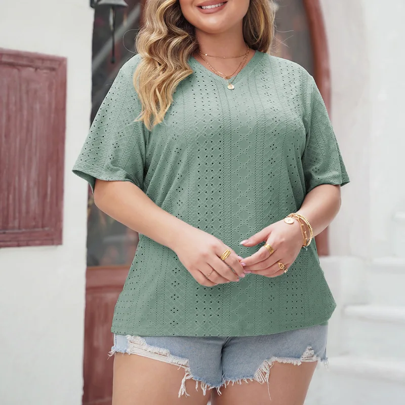 Plus Size Damen Kurzarm hohl grün Hemd solide V-Ausschnitt lose Hemd übergroße Kleidung Sommer