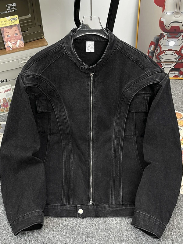 

Мужская джинсовая куртка American Decosition с воротником на молнии, утепленными плечами, для работы, тяжелая, в стиле High Street, модный топ