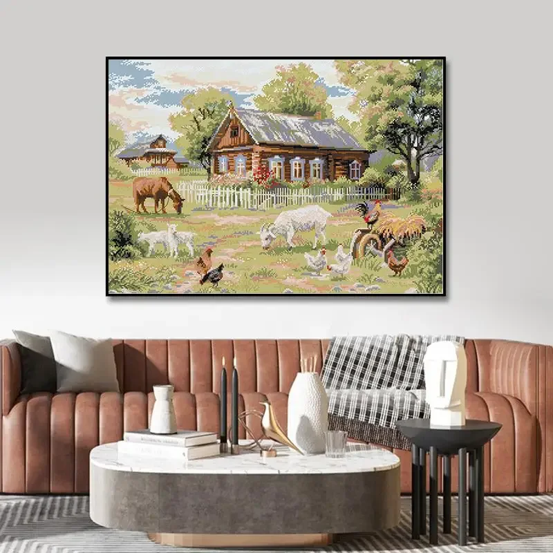 

Joy Sunday Farm Scenery Cross Stitch Kit 14CT 11CT Animal Pattern Counted Embroidery Set DIY Needlework Home Decoration Painting
