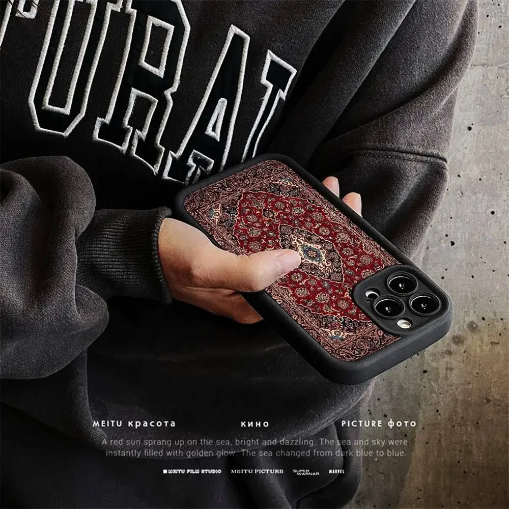 السجاد الفارسي الأزهار نمط جراب هاتف آيفون 17 16 15 14 13 12 11 برو ماكس زائد الأسود التغطية الكاملة لينة غطاء مقاوم للصدمات