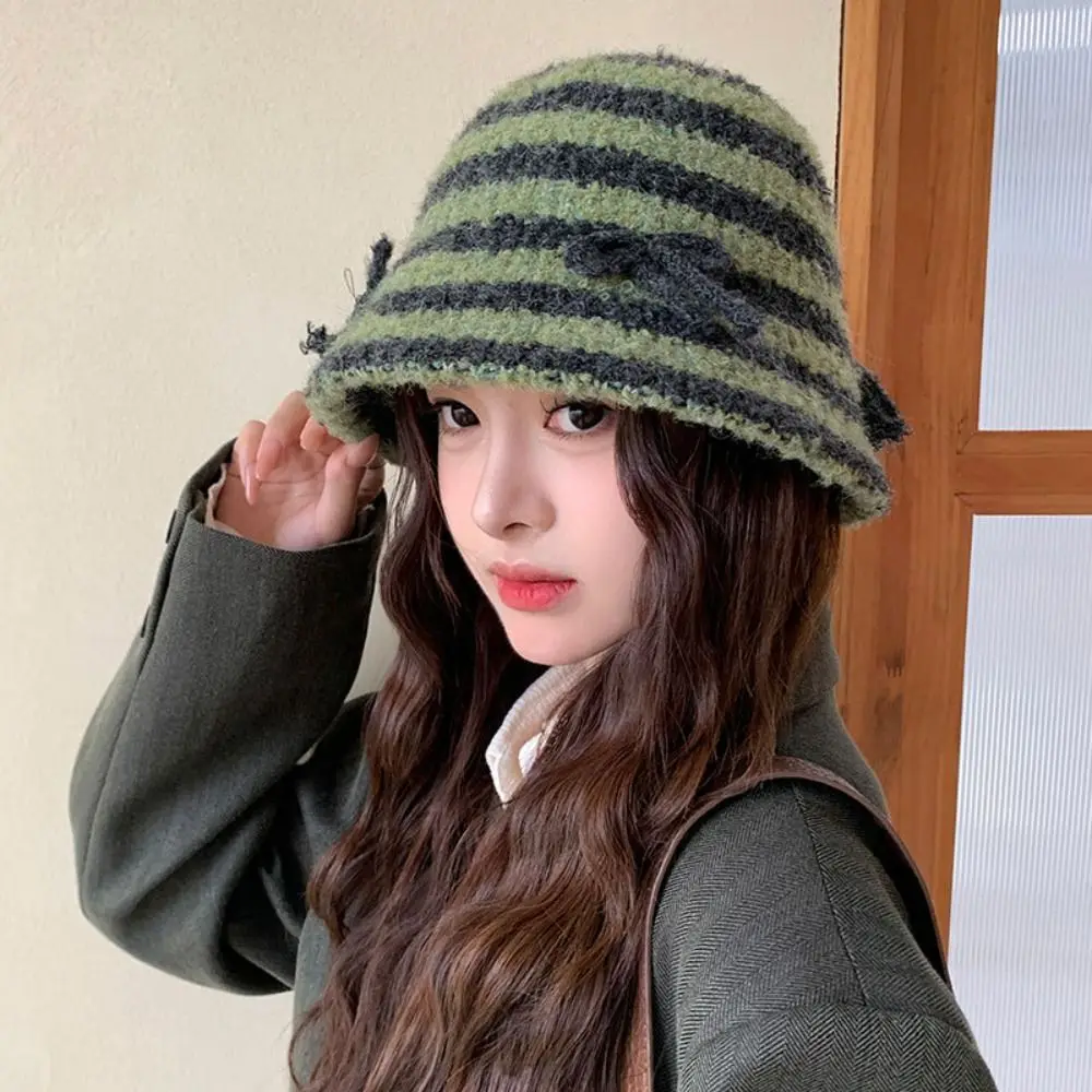

Sweet Striped Bowknot Knitted Hat Keep Warm Beanies Women Bucket Hat Thickened Korean Style Winter Fisherman Hat Travel