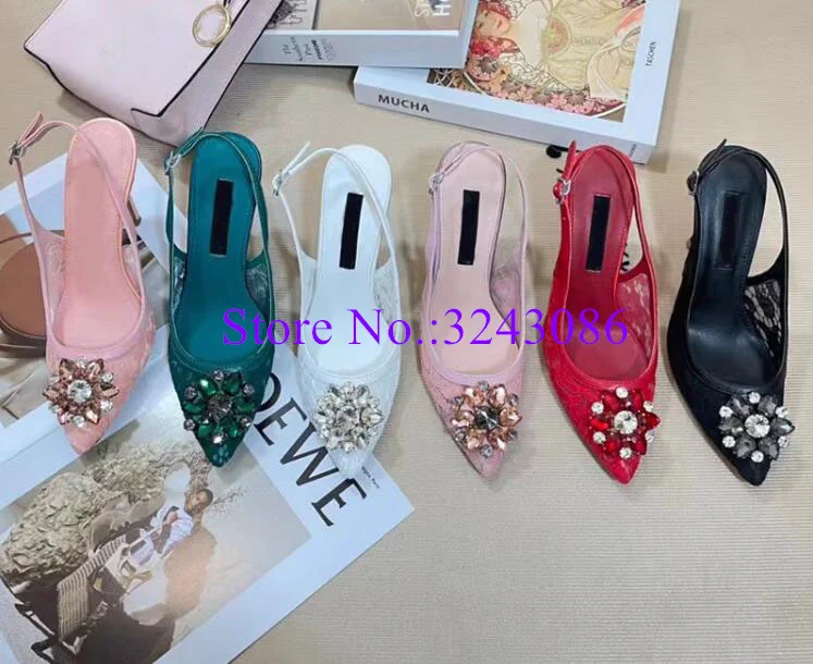 Sexy Lace Crystal Decor Lady Sandals Fashion 6/9cm Stiletto Heel Woman Wedding Shoes Female New Slingback Pumps Party High Heels