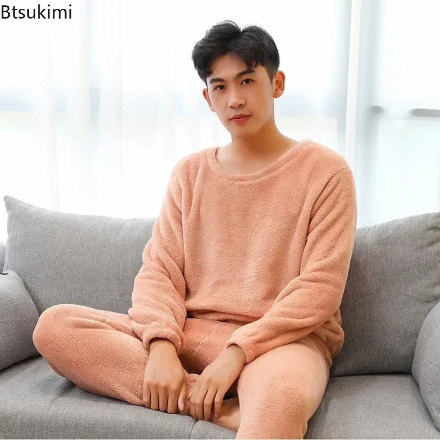 2024 Men\'s Thick Flannel Pajama 2 PCS Sets Couple Casual Home Wear Soft Warm Long Sleeve Long Pants Coral Velvet Sleepwear Suit