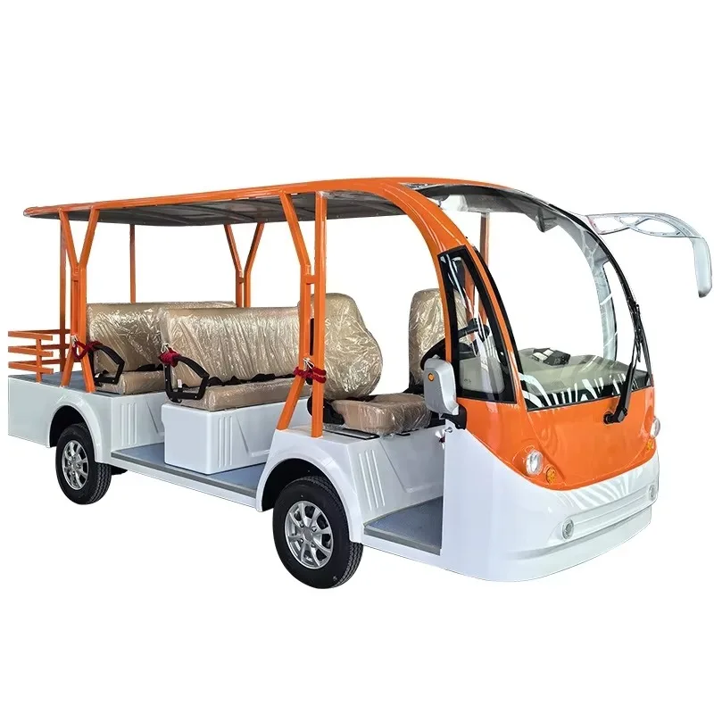 A 14-seat fully enclosed electric sightseeing shuttle made in China with long battery life and dedicated door transportation