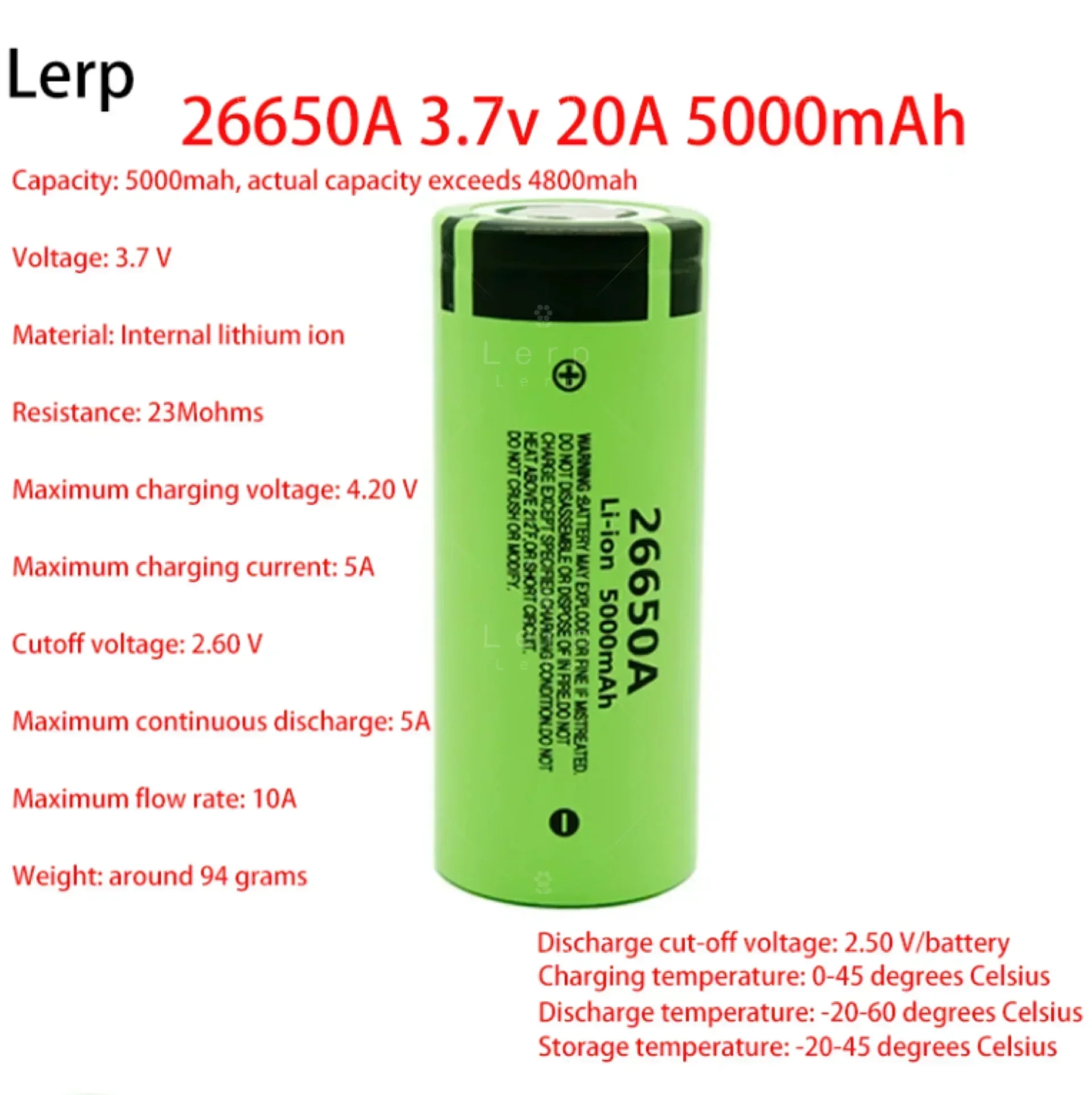 

Rechargeable lithium battery for flashlights. 26650A. 3.7 V. 5000mA. 20A. Widely used electronic products