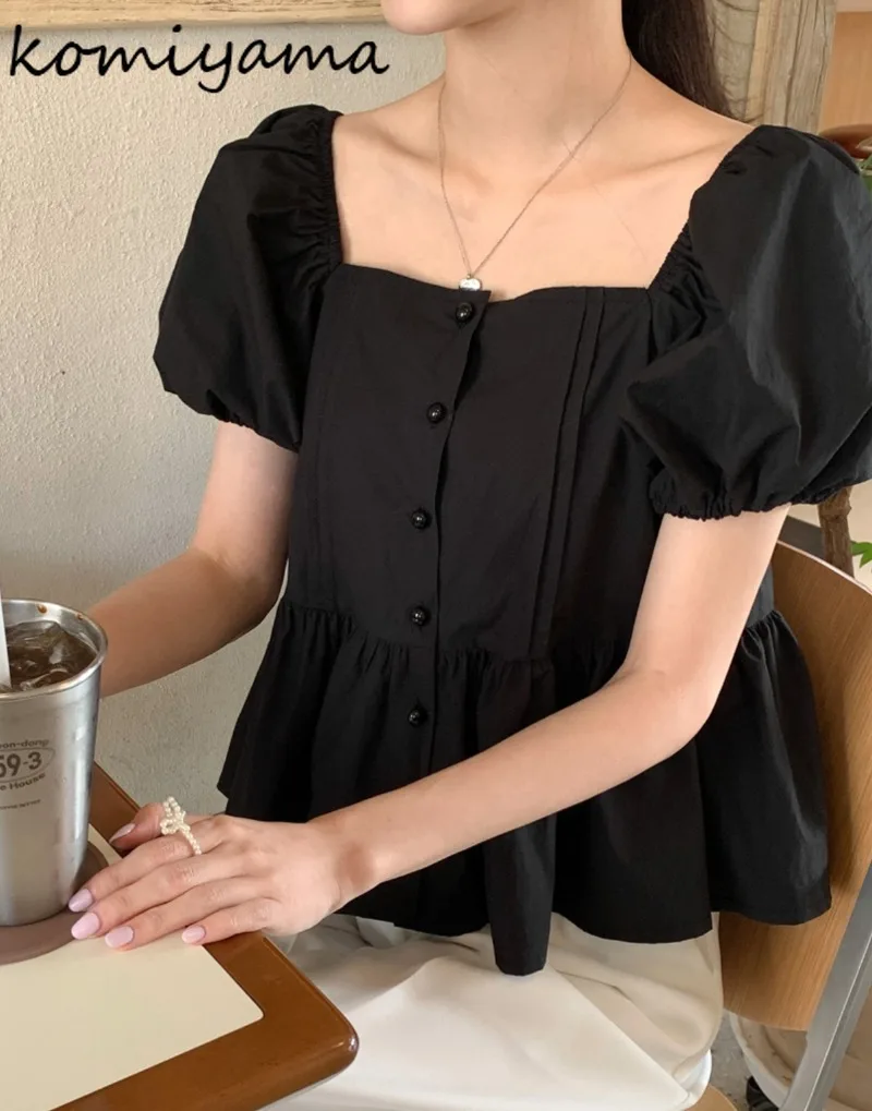 Square Collar Shirts & Blouses Puff Short Sleeve Blusas Single Breasted Camisas Korean Ins Ropa Mujer Summer 2024 New Tops