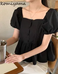 Square Collar Shirts & Blouses Puff Short Sleeve Blusas Single Breasted Camisas Korean Ins Ropa Mujer Summer 2024 New Tops