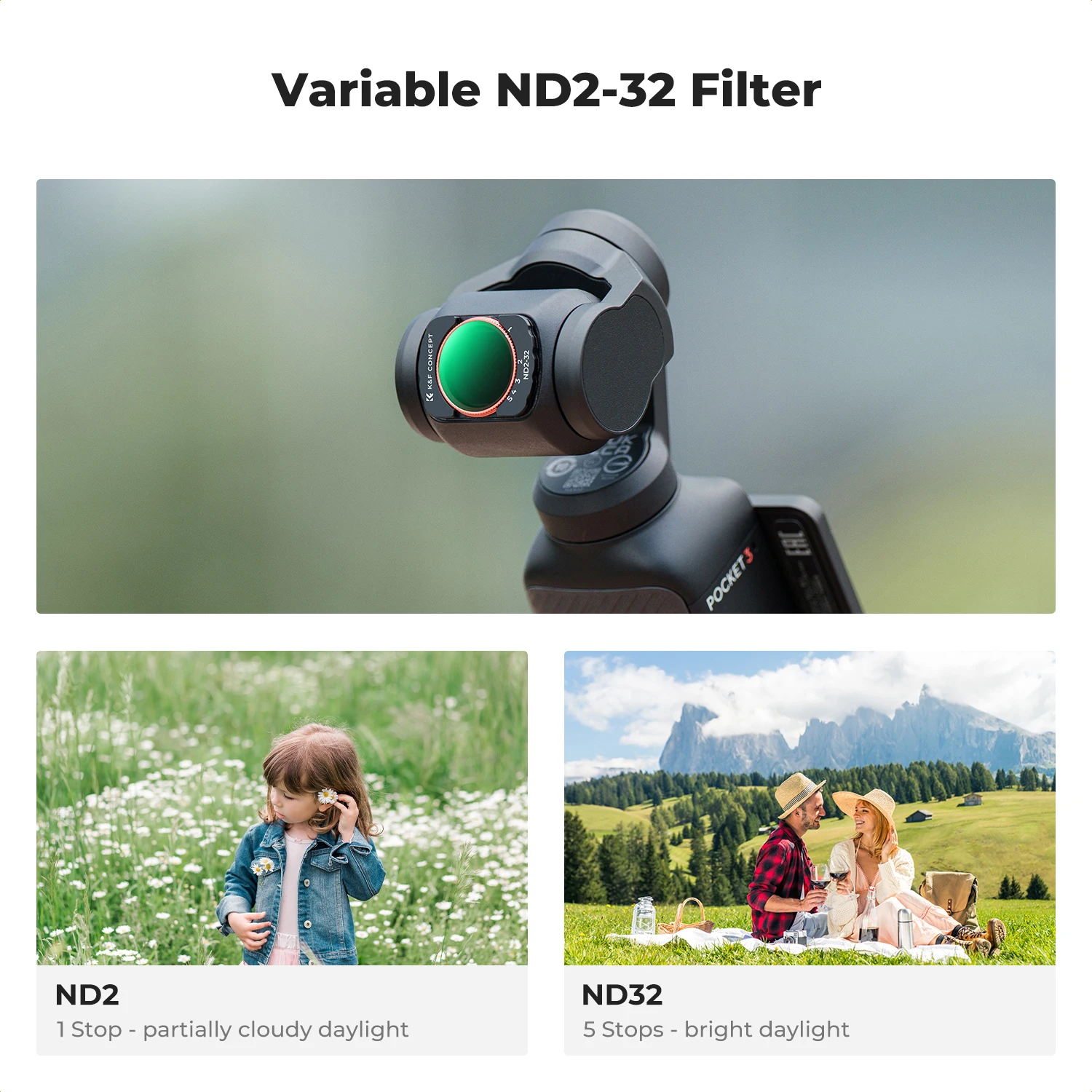 K&F Concept Sports Camera Filters for DJI Osmo Pocket 3 Wide Angle Lens & 3 Pack Effect Filter Adjustable 2 in 1 Optional Filter